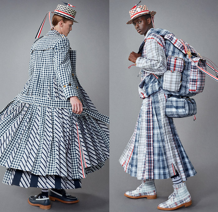 Thom Browne 2022 Resort Cruise Pre-Spring Mens Lookbook Presentation - Hector Airlines Dog Dachshund Doctor Bag Plane Toys Kites Clouds Patches Bucket Propeller Sailor Hat Padded Shoulders Suit Blazer Shirt Cardigan Trench Coat Parka Anorak Patchwork Fur Shearling Varsity Jacket Seersucker Knit Mesh Crochet Poncho Air Balloon Ride Plaid Check Argyle Bow Tie Accordion Pleats Manskirt Kilt Wide Leg Culottes Skinny Shorts Backpack Stripes Socks Galoshes Rain Duck Boots Brogues Loafers