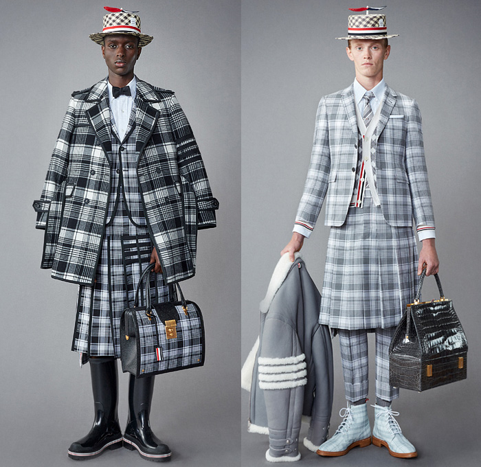 Thom Browne 2022 Resort Cruise Pre-Spring Mens Lookbook Presentation - Hector Airlines Dog Dachshund Doctor Bag Plane Toys Kites Clouds Patches Bucket Propeller Sailor Hat Padded Shoulders Suit Blazer Shirt Cardigan Trench Coat Parka Anorak Patchwork Fur Shearling Varsity Jacket Seersucker Knit Mesh Crochet Poncho Air Balloon Ride Plaid Check Argyle Bow Tie Accordion Pleats Manskirt Kilt Wide Leg Culottes Skinny Shorts Backpack Stripes Socks Galoshes Rain Duck Boots Brogues Loafers