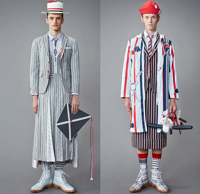 Thom Browne 2022 Resort Cruise Pre-Spring Mens Lookbook Presentation - Hector Airlines Dog Dachshund Doctor Bag Plane Toys Kites Clouds Patches Bucket Propeller Sailor Hat Padded Shoulders Suit Blazer Shirt Cardigan Trench Coat Parka Anorak Patchwork Fur Shearling Varsity Jacket Seersucker Knit Mesh Crochet Poncho Air Balloon Ride Plaid Check Argyle Bow Tie Accordion Pleats Manskirt Kilt Wide Leg Culottes Skinny Shorts Backpack Stripes Socks Galoshes Rain Duck Boots Brogues Loafers