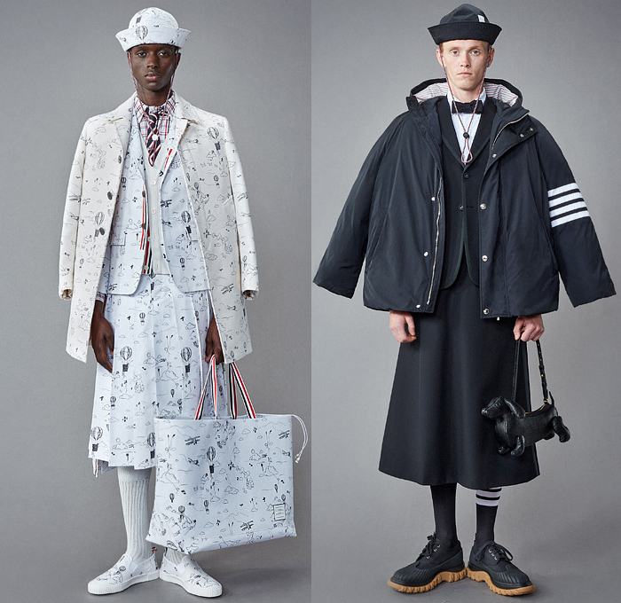 Thom Browne 2022 Resort Cruise Pre-Spring Mens Lookbook Presentation - Hector Airlines Dog Dachshund Doctor Bag Plane Toys Kites Clouds Patches Bucket Propeller Sailor Hat Padded Shoulders Suit Blazer Shirt Cardigan Trench Coat Parka Anorak Patchwork Fur Shearling Varsity Jacket Seersucker Knit Mesh Crochet Poncho Air Balloon Ride Plaid Check Argyle Bow Tie Accordion Pleats Manskirt Kilt Wide Leg Culottes Skinny Shorts Backpack Stripes Socks Galoshes Rain Duck Boots Brogues Loafers