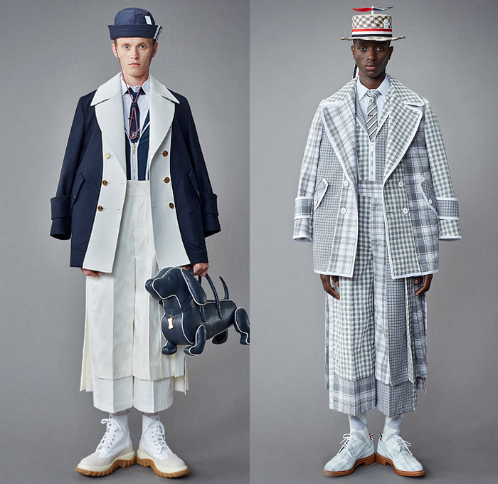 Thom Browne 2022 Resort Cruise Pre-Spring Mens Lookbook Presentation - Hector Airlines Dog Dachshund Doctor Bag Plane Toys Kites Clouds Patches Bucket Propeller Sailor Hat Padded Shoulders Suit Blazer Shirt Cardigan Trench Coat Parka Anorak Patchwork Fur Shearling Varsity Jacket Seersucker Knit Mesh Crochet Poncho Air Balloon Ride Plaid Check Argyle Bow Tie Accordion Pleats Manskirt Kilt Wide Leg Culottes Skinny Shorts Backpack Stripes Socks Galoshes Rain Duck Boots Brogues Loafers