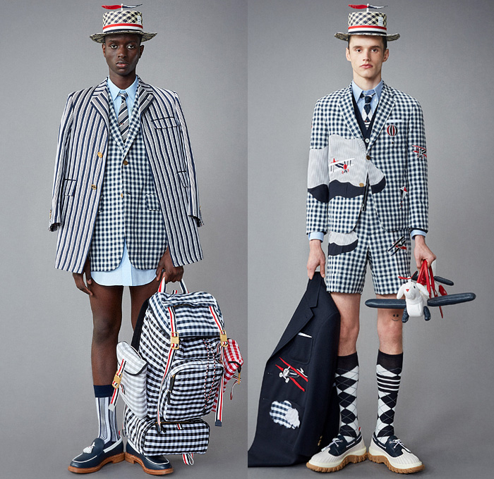 Thom Browne 2022 Resort Cruise Pre-Spring Mens Lookbook Presentation - Hector Airlines Dog Dachshund Doctor Bag Plane Toys Kites Clouds Patches Bucket Propeller Sailor Hat Padded Shoulders Suit Blazer Shirt Cardigan Trench Coat Parka Anorak Patchwork Fur Shearling Varsity Jacket Seersucker Knit Mesh Crochet Poncho Air Balloon Ride Plaid Check Argyle Bow Tie Accordion Pleats Manskirt Kilt Wide Leg Culottes Skinny Shorts Backpack Stripes Socks Galoshes Rain Duck Boots Brogues Loafers