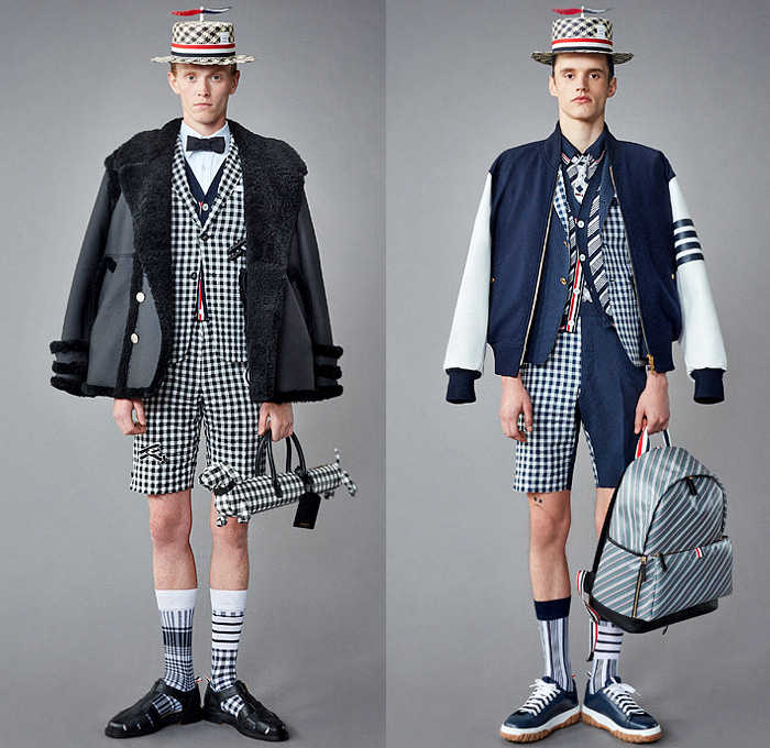 Thom Browne 2022 Resort Cruise Pre-Spring Mens Lookbook Presentation - Hector Airlines Dog Dachshund Doctor Bag Plane Toys Kites Clouds Patches Bucket Propeller Sailor Hat Padded Shoulders Suit Blazer Shirt Cardigan Trench Coat Parka Anorak Patchwork Fur Shearling Varsity Jacket Seersucker Knit Mesh Crochet Poncho Air Balloon Ride Plaid Check Argyle Bow Tie Accordion Pleats Manskirt Kilt Wide Leg Culottes Skinny Shorts Backpack Stripes Socks Galoshes Rain Duck Boots Brogues Loafers