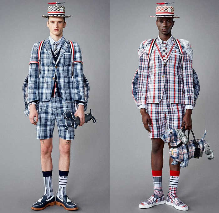 Thom Browne 2022 Resort Cruise Pre-Spring Mens Lookbook Presentation - Hector Airlines Dog Dachshund Doctor Bag Plane Toys Kites Clouds Patches Bucket Propeller Sailor Hat Padded Shoulders Suit Blazer Shirt Cardigan Trench Coat Parka Anorak Patchwork Fur Shearling Varsity Jacket Seersucker Knit Mesh Crochet Poncho Air Balloon Ride Plaid Check Argyle Bow Tie Accordion Pleats Manskirt Kilt Wide Leg Culottes Skinny Shorts Backpack Stripes Socks Galoshes Rain Duck Boots Brogues Loafers