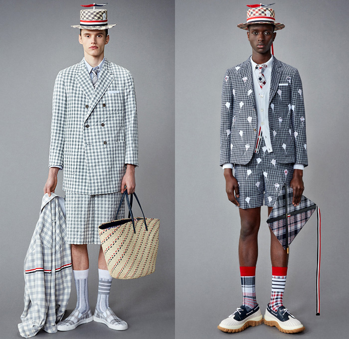 Thom Browne 2022 Resort Cruise Pre-Spring Mens Lookbook Presentation - Hector Airlines Dog Dachshund Doctor Bag Plane Toys Kites Clouds Patches Bucket Propeller Sailor Hat Padded Shoulders Suit Blazer Shirt Cardigan Trench Coat Parka Anorak Patchwork Fur Shearling Varsity Jacket Seersucker Knit Mesh Crochet Poncho Air Balloon Ride Plaid Check Argyle Bow Tie Accordion Pleats Manskirt Kilt Wide Leg Culottes Skinny Shorts Backpack Stripes Socks Galoshes Rain Duck Boots Brogues Loafers