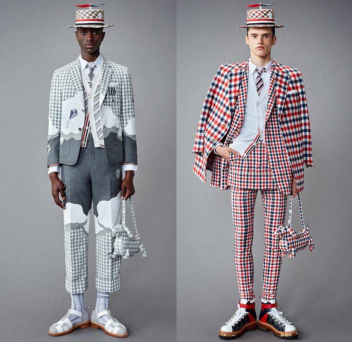 Thom Browne 2022 Resort Cruise Pre-Spring Mens Lookbook Presentation - Hector Airlines Dog Dachshund Doctor Bag Plane Toys Kites Clouds Patches Bucket Propeller Sailor Hat Padded Shoulders Suit Blazer Shirt Cardigan Trench Coat Parka Anorak Patchwork Fur Shearling Varsity Jacket Seersucker Knit Mesh Crochet Poncho Air Balloon Ride Plaid Check Argyle Bow Tie Accordion Pleats Manskirt Kilt Wide Leg Culottes Skinny Shorts Backpack Stripes Socks Galoshes Rain Duck Boots Brogues Loafers