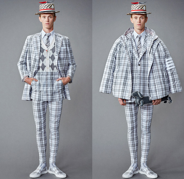 Thom Browne 2022 Resort Cruise Pre-Spring Mens Lookbook Presentation - Hector Airlines Dog Dachshund Doctor Bag Plane Toys Kites Clouds Patches Bucket Propeller Sailor Hat Padded Shoulders Suit Blazer Shirt Cardigan Trench Coat Parka Anorak Patchwork Fur Shearling Varsity Jacket Seersucker Knit Mesh Crochet Poncho Air Balloon Ride Plaid Check Argyle Bow Tie Accordion Pleats Manskirt Kilt Wide Leg Culottes Skinny Shorts Backpack Stripes Socks Galoshes Rain Duck Boots Brogues Loafers