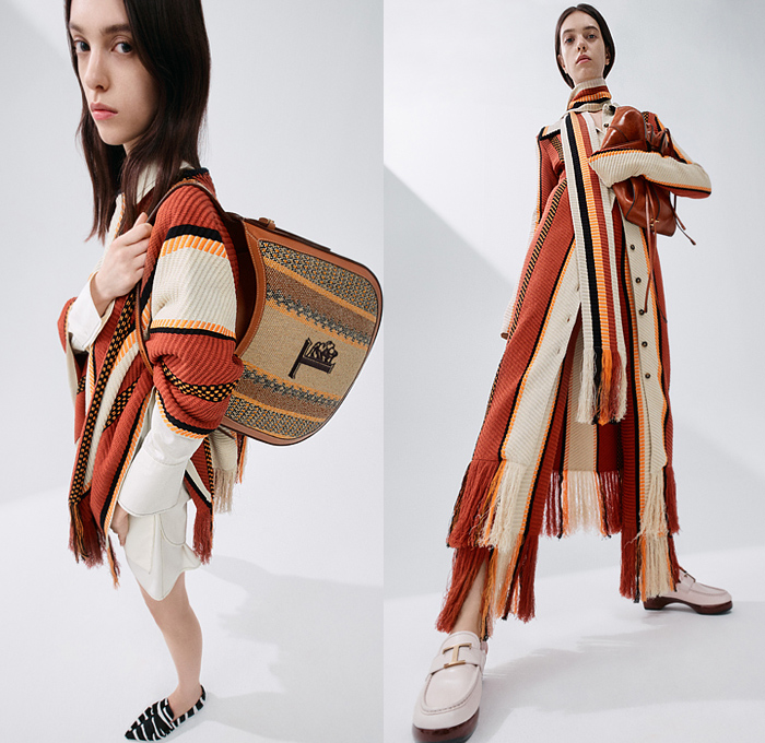 Tod’s 2022 Resort Cruise Pre-Spring Womens Lookbook Presentation - Walter Chiapponi - Knit Weave Turtleneck Sweater Scarf Fringes Long Sleeve Blouse Stripes Leather Coat Parka Drawstring Military Fatigues Shirtdress Cargo Utility Flap Pockets Lace Up Shorts Skirt Handbags Fanny Pack Pouch Belt Bag Mules Loafers Basket Sandals Zebra Flats