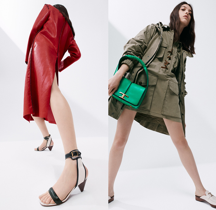 Tod’s 2022 Resort Cruise Pre-Spring Womens Lookbook Presentation - Walter Chiapponi - Knit Weave Turtleneck Sweater Scarf Fringes Long Sleeve Blouse Stripes Leather Coat Parka Drawstring Military Fatigues Shirtdress Cargo Utility Flap Pockets Lace Up Shorts Skirt Handbags Fanny Pack Pouch Belt Bag Mules Loafers Basket Sandals Zebra Flats