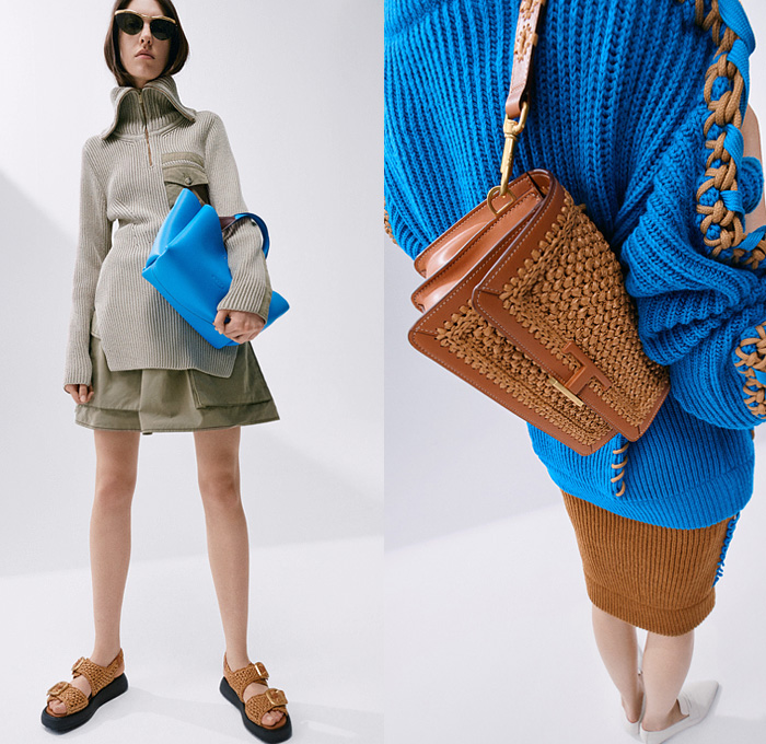 Tod’s 2022 Resort Cruise Pre-Spring Womens Lookbook Presentation - Walter Chiapponi - Knit Weave Turtleneck Sweater Scarf Fringes Long Sleeve Blouse Stripes Leather Coat Parka Drawstring Military Fatigues Shirtdress Cargo Utility Flap Pockets Lace Up Shorts Skirt Handbags Fanny Pack Pouch Belt Bag Mules Loafers Basket Sandals Zebra Flats