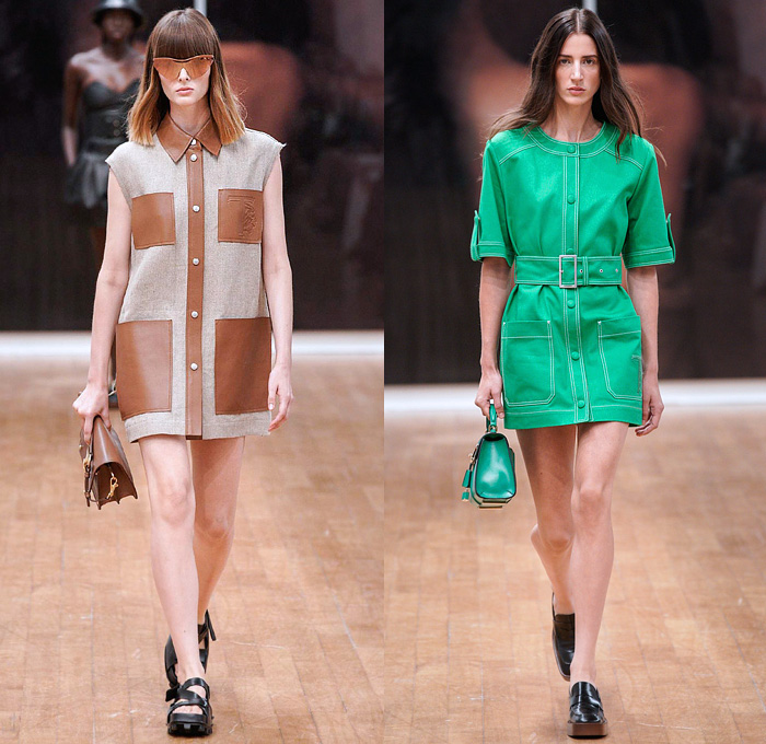 Tod's 2022 Spring Summer Womens Runway Looks Collection - Milano Moda Donna Collezione Milan Fashion Week Italy - Shirtdress Onesie Sleeveless Pockets Wide Belt Knit Sweater Sweaterdress Mesh Holes Crochet Quilted Puffer Fringes Motorcycle Biker Jacket Miniskirt Pleats Coiled Neck Trapeze Dress Ruffles Cinch Halterneck Leggings Tights Anorak Windbreaker Drawstring Bomberdress Wrinkled Embossed Engraved Capelet Oversleeve Handbag Sandals Boots Bucket Hat