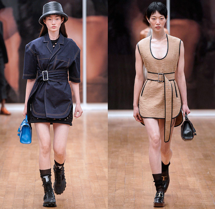 Tod's 2022 Spring Summer Womens Runway Looks Collection - Milano Moda Donna Collezione Milan Fashion Week Italy - Shirtdress Onesie Sleeveless Pockets Wide Belt Knit Sweater Sweaterdress Mesh Holes Crochet Quilted Puffer Fringes Motorcycle Biker Jacket Miniskirt Pleats Coiled Neck Trapeze Dress Ruffles Cinch Halterneck Leggings Tights Anorak Windbreaker Drawstring Bomberdress Wrinkled Embossed Engraved Capelet Oversleeve Handbag Sandals Boots Bucket Hat