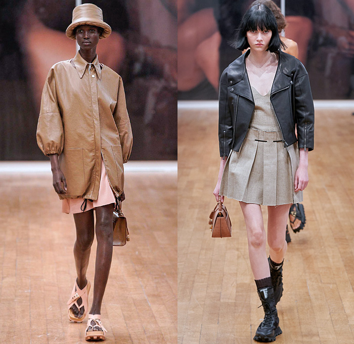 Tod's 2022 Spring Summer Womens Runway Looks Collection - Milano Moda Donna Collezione Milan Fashion Week Italy - Shirtdress Onesie Sleeveless Pockets Wide Belt Knit Sweater Sweaterdress Mesh Holes Crochet Quilted Puffer Fringes Motorcycle Biker Jacket Miniskirt Pleats Coiled Neck Trapeze Dress Ruffles Cinch Halterneck Leggings Tights Anorak Windbreaker Drawstring Bomberdress Wrinkled Embossed Engraved Capelet Oversleeve Handbag Sandals Boots Bucket Hat