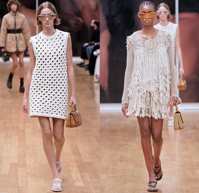 Tod's 2022 Spring Summer Womens Runway Looks Collection - Milano Moda Donna Collezione Milan Fashion Week Italy - Shirtdress Onesie Sleeveless Pockets Wide Belt Knit Sweater Sweaterdress Mesh Holes Crochet Quilted Puffer Fringes Motorcycle Biker Jacket Miniskirt Pleats Coiled Neck Trapeze Dress Ruffles Cinch Halterneck Leggings Tights Anorak Windbreaker Drawstring Bomberdress Wrinkled Embossed Engraved Capelet Oversleeve Handbag Sandals Boots Bucket Hat
