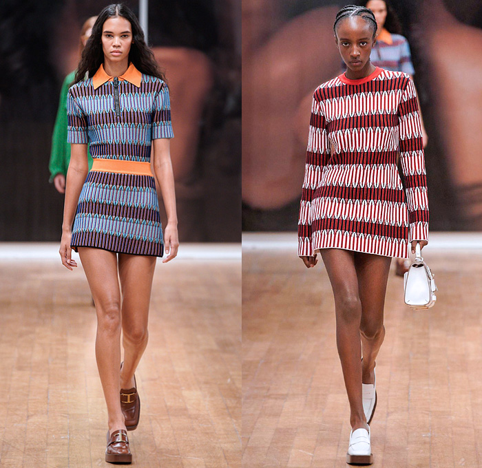Tod's 2022 Spring Summer Womens Runway Looks Collection - Milano Moda Donna Collezione Milan Fashion Week Italy - Shirtdress Onesie Sleeveless Pockets Wide Belt Knit Sweater Sweaterdress Mesh Holes Crochet Quilted Puffer Fringes Motorcycle Biker Jacket Miniskirt Pleats Coiled Neck Trapeze Dress Ruffles Cinch Halterneck Leggings Tights Anorak Windbreaker Drawstring Bomberdress Wrinkled Embossed Engraved Capelet Oversleeve Handbag Sandals Boots Bucket Hat