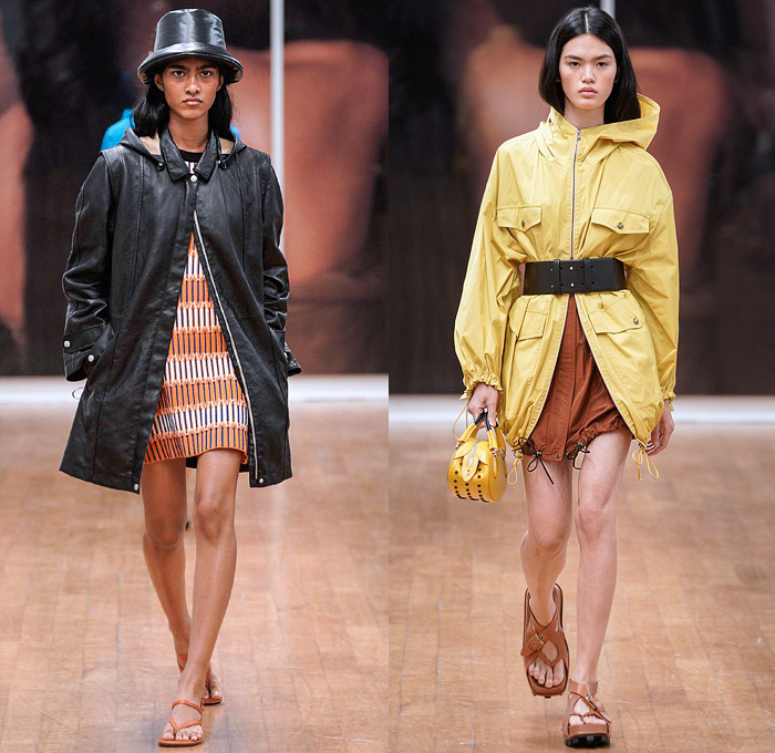 Tod's 2022 Spring Summer Womens Runway Looks Collection - Milano Moda Donna Collezione Milan Fashion Week Italy - Shirtdress Onesie Sleeveless Pockets Wide Belt Knit Sweater Sweaterdress Mesh Holes Crochet Quilted Puffer Fringes Motorcycle Biker Jacket Miniskirt Pleats Coiled Neck Trapeze Dress Ruffles Cinch Halterneck Leggings Tights Anorak Windbreaker Drawstring Bomberdress Wrinkled Embossed Engraved Capelet Oversleeve Handbag Sandals Boots Bucket Hat