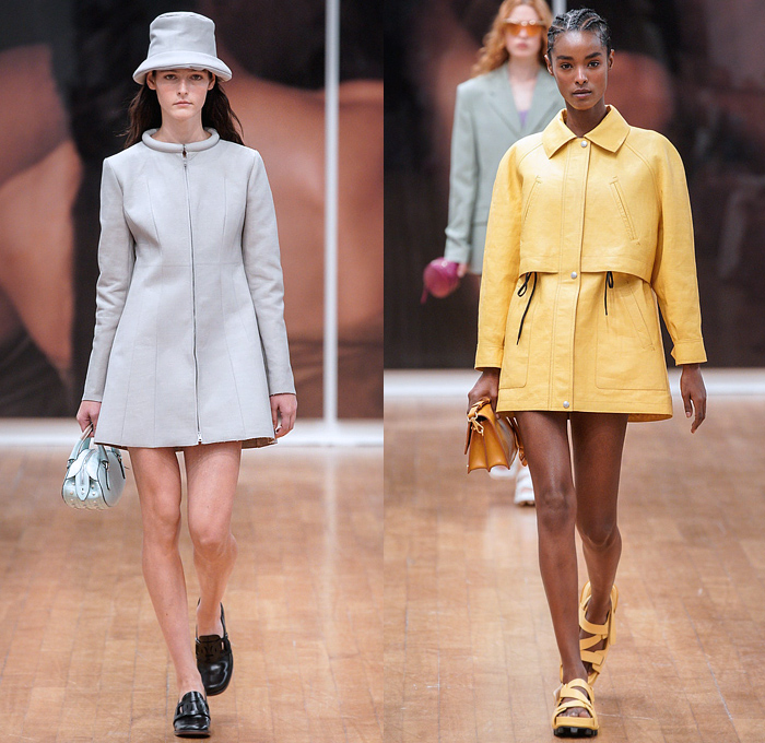 Tod's 2022 Spring Summer Womens Runway Looks Collection - Milano Moda Donna Collezione Milan Fashion Week Italy - Shirtdress Onesie Sleeveless Pockets Wide Belt Knit Sweater Sweaterdress Mesh Holes Crochet Quilted Puffer Fringes Motorcycle Biker Jacket Miniskirt Pleats Coiled Neck Trapeze Dress Ruffles Cinch Halterneck Leggings Tights Anorak Windbreaker Drawstring Bomberdress Wrinkled Embossed Engraved Capelet Oversleeve Handbag Sandals Boots Bucket Hat