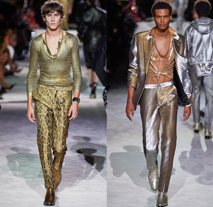 Tom Ford 2022 Spring Summer Mens Runway Looks Collection - New York Fashion Week NYFW - Gold Silver Metal Sheen Knit Ribbed Sweater Chain Leopard Cheetah Animalier Trench Coat Tied Knot Suit Blazer Rustic Quilted Puffer Jacket Bomber Aviator Jacket Boots
