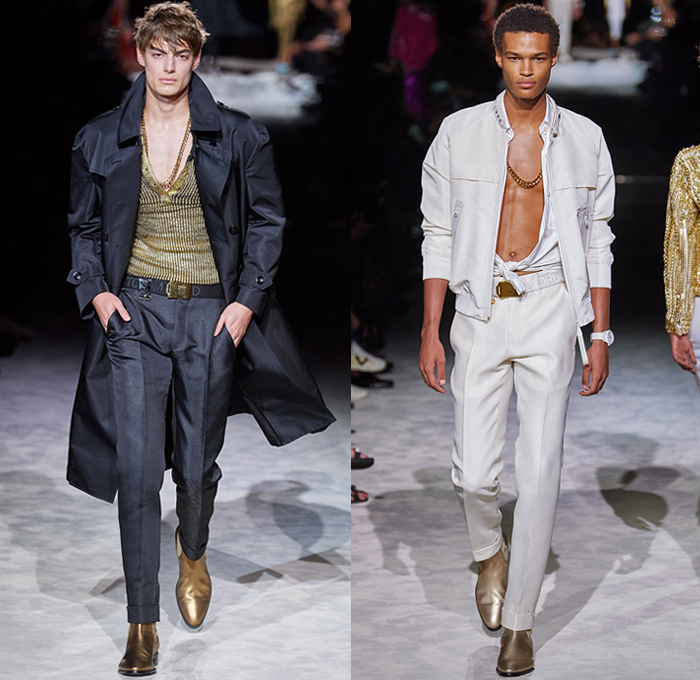 Tom Ford 2022 Spring Summer Mens Runway Looks Collection - New York Fashion Week NYFW - Gold Silver Metal Sheen Knit Ribbed Sweater Chain Leopard Cheetah Animalier Trench Coat Tied Knot Suit Blazer Rustic Quilted Puffer Jacket Bomber Aviator Jacket Boots