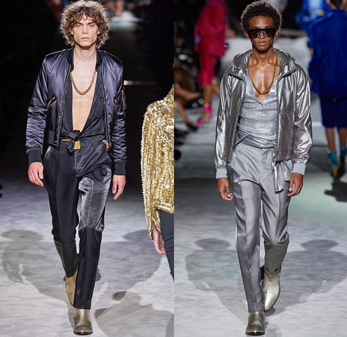 Tom Ford 2022 Spring Summer Mens Runway Looks Collection - New York Fashion Week NYFW - Gold Silver Metal Sheen Knit Ribbed Sweater Chain Leopard Cheetah Animalier Trench Coat Tied Knot Suit Blazer Rustic Quilted Puffer Jacket Bomber Aviator Jacket Boots