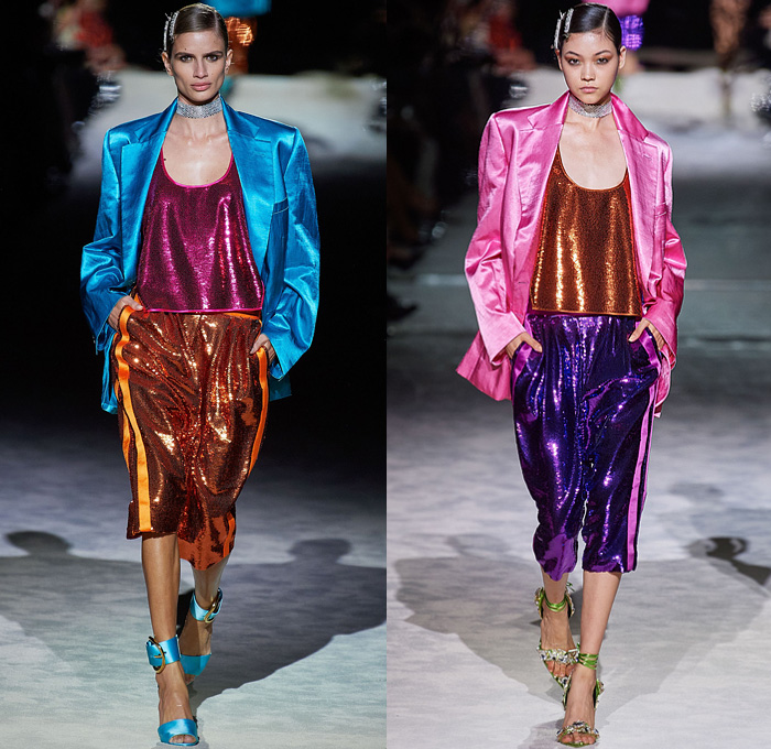 Tom Ford 2022 Spring Summer Womens Runway Catwalk Looks Collection - New York Fashion Week NYFW - Bright Disco Colors Silk Satin Blazer Jacket Trench Coat Parka Bedazzled Sequins Gold Silver Metal Trackwear Jogger Sweatpants Tuxedo Stripe Shorts Culottes Bralette Crop Top Midriff Pockets Cargo Pants Chain Pearls Shirt Blouse Tied Knot Choker Ribbed Knit Tank Top Quilted Puffer Bomber Jacket Denim Jeans Skirt Leopard Corset Sweatshirt Pencil Skirt Lace Mesh Embroidery Cinch Handbag Pouch