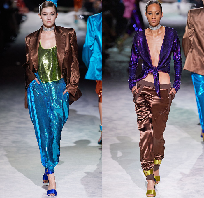Tom Ford 2022 Spring Summer Womens Runway Catwalk Looks Collection - New York Fashion Week NYFW - Bright Disco Colors Silk Satin Blazer Jacket Trench Coat Parka Bedazzled Sequins Gold Silver Metal Trackwear Jogger Sweatpants Tuxedo Stripe Shorts Culottes Bralette Crop Top Midriff Pockets Cargo Pants Chain Pearls Shirt Blouse Tied Knot Choker Ribbed Knit Tank Top Quilted Puffer Bomber Jacket Denim Jeans Skirt Leopard Corset Sweatshirt Pencil Skirt Lace Mesh Embroidery Cinch Handbag Pouch