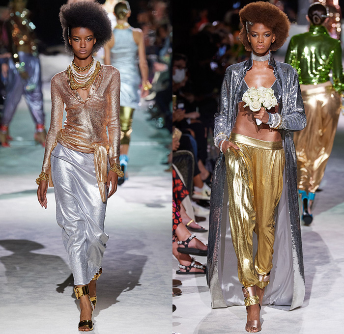 Tom Ford 2022 Spring Summer Womens Runway Catwalk Looks Collection - New York Fashion Week NYFW - Bright Disco Colors Silk Satin Blazer Jacket Trench Coat Parka Bedazzled Sequins Gold Silver Metal Trackwear Jogger Sweatpants Tuxedo Stripe Shorts Culottes Bralette Crop Top Midriff Pockets Cargo Pants Chain Pearls Shirt Blouse Tied Knot Choker Ribbed Knit Tank Top Quilted Puffer Bomber Jacket Denim Jeans Skirt Leopard Corset Sweatshirt Pencil Skirt Lace Mesh Embroidery Cinch Handbag Pouch
