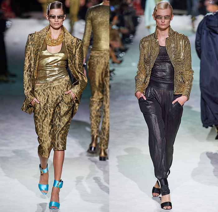 Tom Ford 2022 Spring Summer Womens Runway Catwalk Looks Collection - New York Fashion Week NYFW - Bright Disco Colors Silk Satin Blazer Jacket Trench Coat Parka Bedazzled Sequins Gold Silver Metal Trackwear Jogger Sweatpants Tuxedo Stripe Shorts Culottes Bralette Crop Top Midriff Pockets Cargo Pants Chain Pearls Shirt Blouse Tied Knot Choker Ribbed Knit Tank Top Quilted Puffer Bomber Jacket Denim Jeans Skirt Leopard Corset Sweatshirt Pencil Skirt Lace Mesh Embroidery Cinch Handbag Pouch