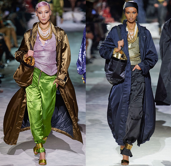 Tom Ford 2022 Spring Summer Womens Runway Catwalk Looks Collection - New York Fashion Week NYFW - Bright Disco Colors Silk Satin Blazer Jacket Trench Coat Parka Bedazzled Sequins Gold Silver Metal Trackwear Jogger Sweatpants Tuxedo Stripe Shorts Culottes Bralette Crop Top Midriff Pockets Cargo Pants Chain Pearls Shirt Blouse Tied Knot Choker Ribbed Knit Tank Top Quilted Puffer Bomber Jacket Denim Jeans Skirt Leopard Corset Sweatshirt Pencil Skirt Lace Mesh Embroidery Cinch Handbag Pouch