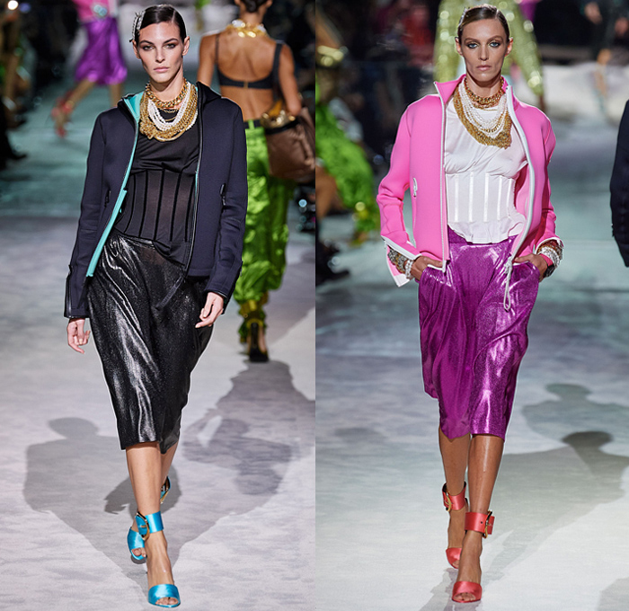 Tom Ford 2022 Spring Summer Womens Runway Catwalk Looks Collection - New York Fashion Week NYFW - Bright Disco Colors Silk Satin Blazer Jacket Trench Coat Parka Bedazzled Sequins Gold Silver Metal Trackwear Jogger Sweatpants Tuxedo Stripe Shorts Culottes Bralette Crop Top Midriff Pockets Cargo Pants Chain Pearls Shirt Blouse Tied Knot Choker Ribbed Knit Tank Top Quilted Puffer Bomber Jacket Denim Jeans Skirt Leopard Corset Sweatshirt Pencil Skirt Lace Mesh Embroidery Cinch Handbag Pouch