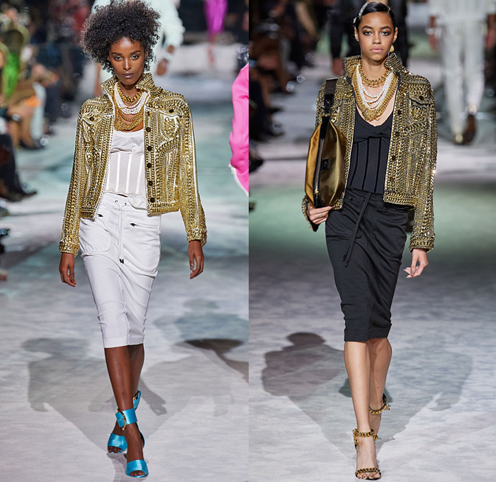 Tom Ford 2022 Spring Summer Womens Runway Catwalk Looks Collection - New York Fashion Week NYFW - Bright Disco Colors Silk Satin Blazer Jacket Trench Coat Parka Bedazzled Sequins Gold Silver Metal Trackwear Jogger Sweatpants Tuxedo Stripe Shorts Culottes Bralette Crop Top Midriff Pockets Cargo Pants Chain Pearls Shirt Blouse Tied Knot Choker Ribbed Knit Tank Top Quilted Puffer Bomber Jacket Denim Jeans Skirt Leopard Corset Sweatshirt Pencil Skirt Lace Mesh Embroidery Cinch Handbag Pouch