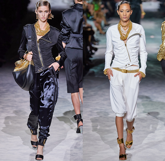 Tom Ford 2022 Spring Summer Womens Runway Catwalk Looks Collection - New York Fashion Week NYFW - Bright Disco Colors Silk Satin Blazer Jacket Trench Coat Parka Bedazzled Sequins Gold Silver Metal Trackwear Jogger Sweatpants Tuxedo Stripe Shorts Culottes Bralette Crop Top Midriff Pockets Cargo Pants Chain Pearls Shirt Blouse Tied Knot Choker Ribbed Knit Tank Top Quilted Puffer Bomber Jacket Denim Jeans Skirt Leopard Corset Sweatshirt Pencil Skirt Lace Mesh Embroidery Cinch Handbag Pouch