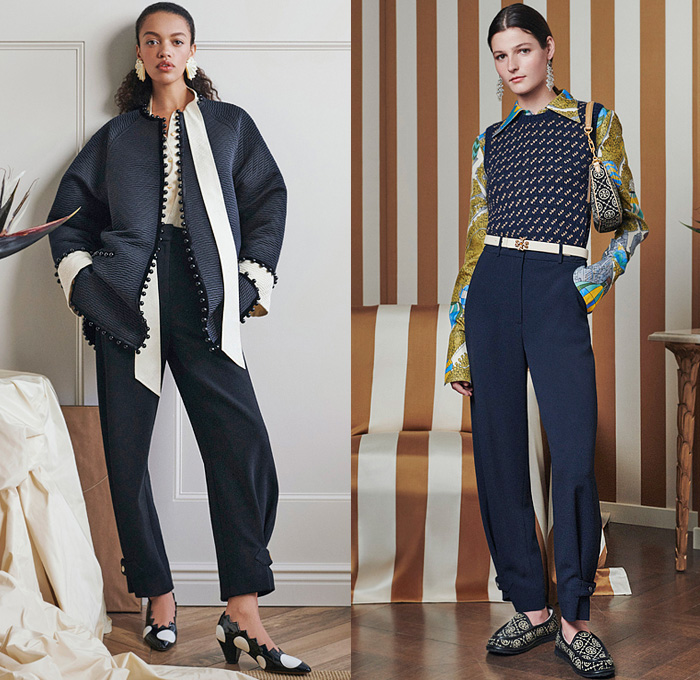 Tory Burch 2022 Resort Cruise Pre-Spring Womens Lookbook Presentation - 1990s Nineties Scarf Coat Beads Workman Jacket Turtleneck Knit Crochet Mesh Vest Cardigan Anorak Blouse Air Balloon Face Waves Stripes Silver Metallic Noodle Strap One Shoulder Maxi Dress Ruffles Sheer Tulle Shirtdress Drawstring Strap Hem Denim Jeans Wide Leg Palazzo Pants Silk Taffeta Satin Polka Dots Crinoline Wool Guipure Skirt T Monogram Chenille Leopard Birds Embroidery Handbag Buddy Loafers Ballet Flats