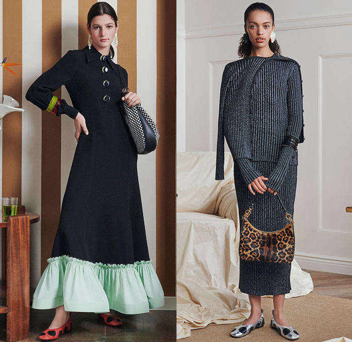 Tory Burch 2022 Resort Cruise Pre-Spring Womens Lookbook Presentation - 1990s Nineties Scarf Coat Beads Workman Jacket Turtleneck Knit Crochet Mesh Vest Cardigan Anorak Blouse Air Balloon Face Waves Stripes Silver Metallic Noodle Strap One Shoulder Maxi Dress Ruffles Sheer Tulle Shirtdress Drawstring Strap Hem Denim Jeans Wide Leg Palazzo Pants Silk Taffeta Satin Polka Dots Crinoline Wool Guipure Skirt T Monogram Chenille Leopard Birds Embroidery Handbag Buddy Loafers Ballet Flats