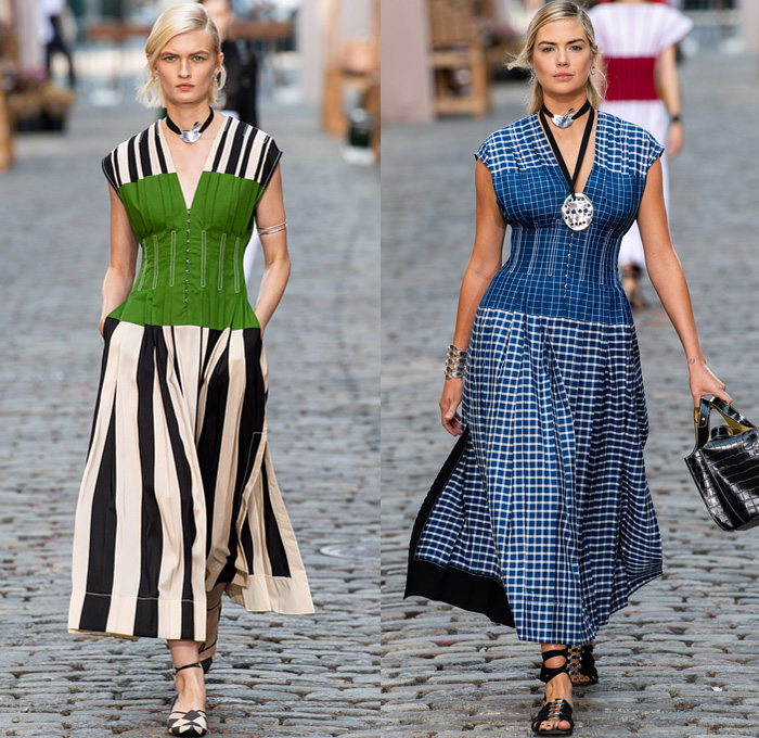 Tory Burch 2022 Spring Summer Womens Runway Catwalk Looks Collection - New York Fashion Week NYFW - Stripes Cap Sleeve Corset Shapewear Structured Madras Plaid Check Draped Cinch Drawstring Asymmetrical One Shoulder Color Block Sheer Eyelets Knit Silk Satin Wide Leg Pants Full Skirt Patchwork Panel Eyelets Mesh Cross Halterneck Logo Wide Collar Sailor Collar Coat Overcoat Lampshade Bucket Bag Tote Handbag Metal Studs Studded 