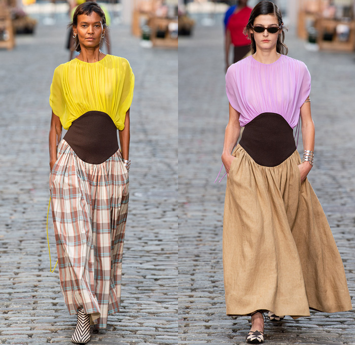 Tory Burch 2022 Spring Summer Womens Runway Catwalk Looks Collection - New York Fashion Week NYFW - Stripes Cap Sleeve Corset Shapewear Structured Madras Plaid Check Draped Cinch Drawstring Asymmetrical One Shoulder Color Block Sheer Eyelets Knit Silk Satin Wide Leg Pants Full Skirt Patchwork Panel Eyelets Mesh Cross Halterneck Logo Wide Collar Sailor Collar Coat Overcoat Lampshade Bucket Bag Tote Handbag Metal Studs Studded 