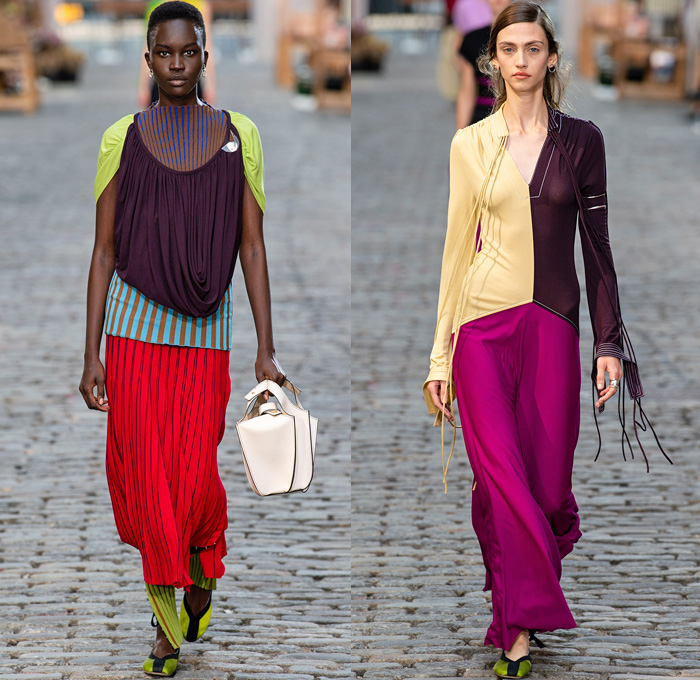 Tory Burch 2022 Spring Summer Womens Runway Catwalk Looks Collection - New York Fashion Week NYFW - Stripes Cap Sleeve Corset Shapewear Structured Madras Plaid Check Draped Cinch Drawstring Asymmetrical One Shoulder Color Block Sheer Eyelets Knit Silk Satin Wide Leg Pants Full Skirt Patchwork Panel Eyelets Mesh Cross Halterneck Logo Wide Collar Sailor Collar Coat Overcoat Lampshade Bucket Bag Tote Handbag Metal Studs Studded 