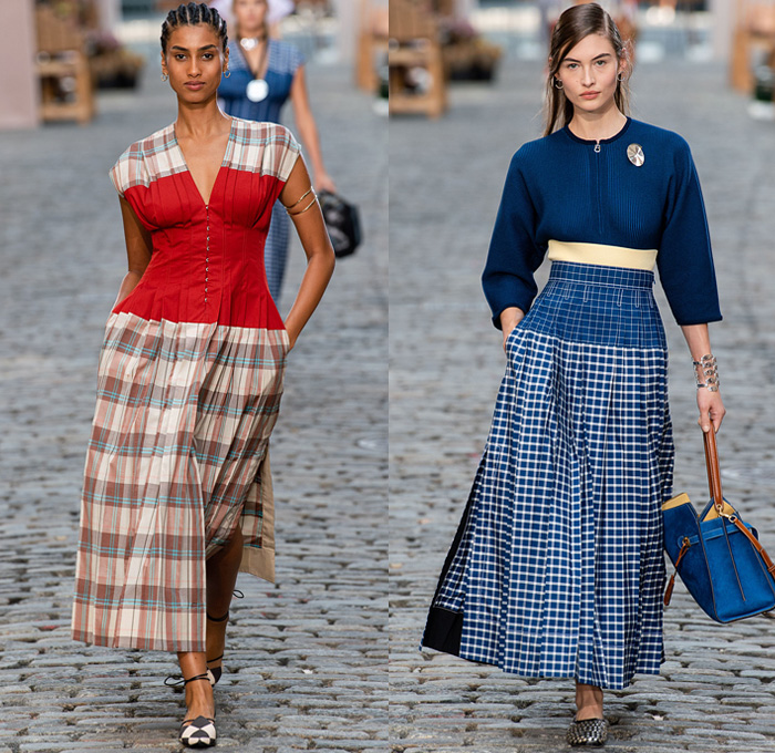 Tory Burch 2022 Spring Summer Womens Runway Catwalk Looks Collection - New York Fashion Week NYFW - Stripes Cap Sleeve Corset Shapewear Structured Madras Plaid Check Draped Cinch Drawstring Asymmetrical One Shoulder Color Block Sheer Eyelets Knit Silk Satin Wide Leg Pants Full Skirt Patchwork Panel Eyelets Mesh Cross Halterneck Logo Wide Collar Sailor Collar Coat Overcoat Lampshade Bucket Bag Tote Handbag Metal Studs Studded 