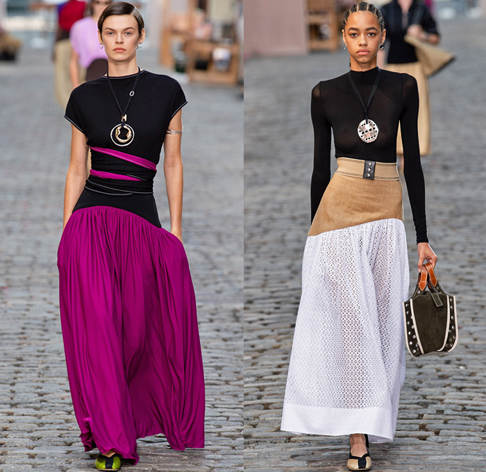 Tory Burch 2022 Spring Summer Womens Runway Catwalk Looks Collection - New York Fashion Week NYFW - Stripes Cap Sleeve Corset Shapewear Structured Madras Plaid Check Draped Cinch Drawstring Asymmetrical One Shoulder Color Block Sheer Eyelets Knit Silk Satin Wide Leg Pants Full Skirt Patchwork Panel Eyelets Mesh Cross Halterneck Logo Wide Collar Sailor Collar Coat Overcoat Lampshade Bucket Bag Tote Handbag Metal Studs Studded 