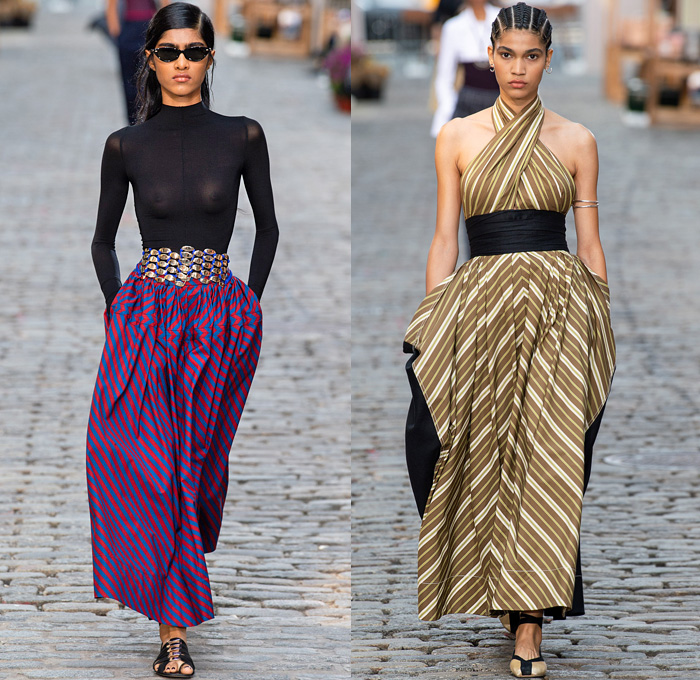 Tory Burch 2022 Spring Summer Womens Runway Catwalk Looks Collection - New York Fashion Week NYFW - Stripes Cap Sleeve Corset Shapewear Structured Madras Plaid Check Draped Cinch Drawstring Asymmetrical One Shoulder Color Block Sheer Eyelets Knit Silk Satin Wide Leg Pants Full Skirt Patchwork Panel Eyelets Mesh Cross Halterneck Logo Wide Collar Sailor Collar Coat Overcoat Lampshade Bucket Bag Tote Handbag Metal Studs Studded 