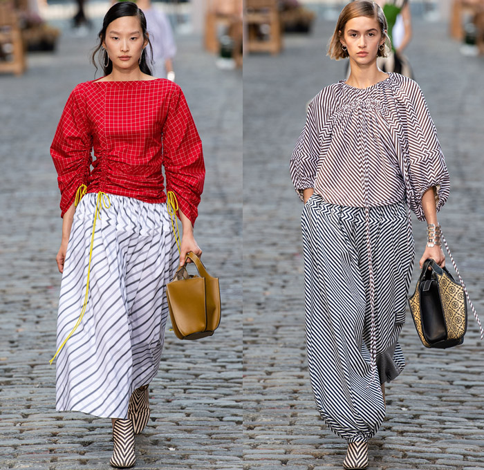 Tory Burch 2022 Spring Summer Womens Runway Catwalk Looks Collection - New York Fashion Week NYFW - Stripes Cap Sleeve Corset Shapewear Structured Madras Plaid Check Draped Cinch Drawstring Asymmetrical One Shoulder Color Block Sheer Eyelets Knit Silk Satin Wide Leg Pants Full Skirt Patchwork Panel Eyelets Mesh Cross Halterneck Logo Wide Collar Sailor Collar Coat Overcoat Lampshade Bucket Bag Tote Handbag Metal Studs Studded 