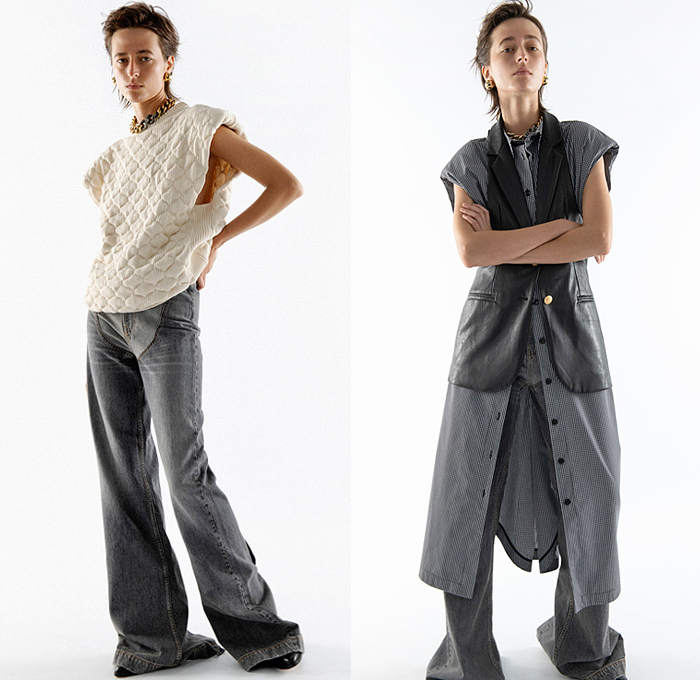 TRE by Natalie Ratabesi 2022 Spring Summer Womens Lookbook Presentation - Cutout Sleeve Blouse Patchwork Deconstructed Hybrid Denim Jeans Cutoffs Shorts Frayed Raw Hem Trackwear Track Pants Crop Top Midriff Hoodie Sweatshirt Jogger Wide Leg Flare Bell Bottom Quilted Puffer Knit Vest Sleeveless Blazervest Padded Shoulders Check Plaid Safari Snakeskin Leopard Cheetah Tiger Chain Robe Loungewear Military Coat Military Fatigues Boots Pantsuit Blazer Reverse Collar Bomber Jacket