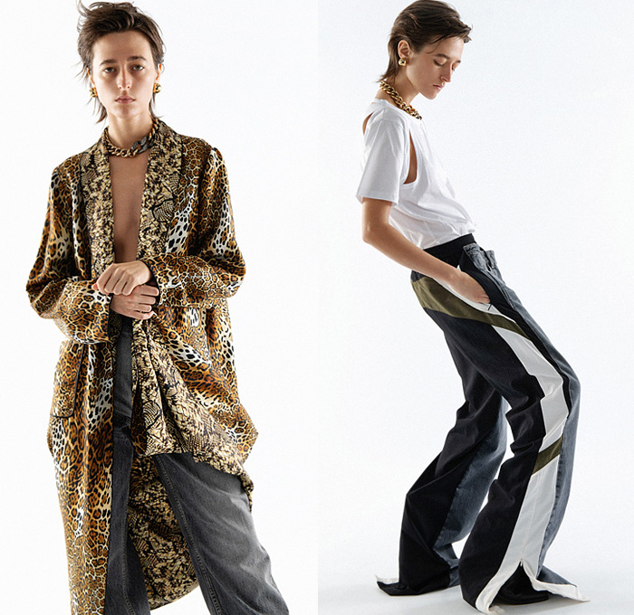 TRE by Natalie Ratabesi 2022 Spring Summer Womens Lookbook Presentation - Cutout Sleeve Blouse Patchwork Deconstructed Hybrid Denim Jeans Cutoffs Shorts Frayed Raw Hem Trackwear Track Pants Crop Top Midriff Hoodie Sweatshirt Jogger Wide Leg Flare Bell Bottom Quilted Puffer Knit Vest Sleeveless Blazervest Padded Shoulders Check Plaid Safari Snakeskin Leopard Cheetah Tiger Chain Robe Loungewear Military Coat Military Fatigues Boots Pantsuit Blazer Reverse Collar Bomber Jacket