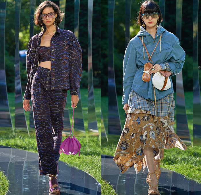 Ulla Johnson 2022 Spring Summer Womens Runway Looks Collection - New York Fashion Week NYFW - Zebra Denim Jeans Trucker Jacket Crop Top Midriff Anorak Windbreaker Plaid Check Flowers Floral Miniskirt Accordion Pleats Quilted Vest Blouse Embroidery Tiered Ruffles Draped Swimsuit Halterneck Peplum One Shoulder Puff Sleeves Poufy Shoulders Wide Leg Palazzo Pants Sheer Mesh Fishnet Noodle Strap Babydoll Prairie Dress Ikat Knit Sweater Seashells Belt Bag Pouch Lanyard Peanut Sandals Basket 