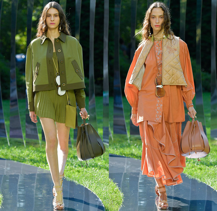 Ulla Johnson 2022 Spring Summer Womens Runway Looks Collection - New York Fashion Week NYFW - Zebra Denim Jeans Trucker Jacket Crop Top Midriff Anorak Windbreaker Plaid Check Flowers Floral Miniskirt Accordion Pleats Quilted Vest Blouse Embroidery Tiered Ruffles Draped Swimsuit Halterneck Peplum One Shoulder Puff Sleeves Poufy Shoulders Wide Leg Palazzo Pants Sheer Mesh Fishnet Noodle Strap Babydoll Prairie Dress Ikat Knit Sweater Seashells Belt Bag Pouch Lanyard Peanut Sandals Basket 