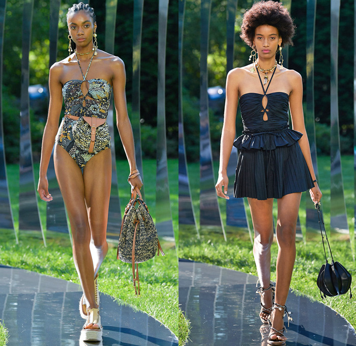 Ulla Johnson 2022 Spring Summer Womens Runway Looks Collection - New York Fashion Week NYFW - Zebra Denim Jeans Trucker Jacket Crop Top Midriff Anorak Windbreaker Plaid Check Flowers Floral Miniskirt Accordion Pleats Quilted Vest Blouse Embroidery Tiered Ruffles Draped Swimsuit Halterneck Peplum One Shoulder Puff Sleeves Poufy Shoulders Wide Leg Palazzo Pants Sheer Mesh Fishnet Noodle Strap Babydoll Prairie Dress Ikat Knit Sweater Seashells Belt Bag Pouch Lanyard Peanut Sandals Basket 