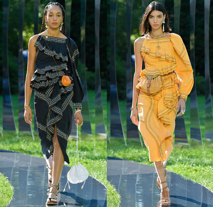 Ulla Johnson 2022 Spring Summer Womens Runway Looks Collection - New York Fashion Week NYFW - Zebra Denim Jeans Trucker Jacket Crop Top Midriff Anorak Windbreaker Plaid Check Flowers Floral Miniskirt Accordion Pleats Quilted Vest Blouse Embroidery Tiered Ruffles Draped Swimsuit Halterneck Peplum One Shoulder Puff Sleeves Poufy Shoulders Wide Leg Palazzo Pants Sheer Mesh Fishnet Noodle Strap Babydoll Prairie Dress Ikat Knit Sweater Seashells Belt Bag Pouch Lanyard Peanut Sandals Basket 