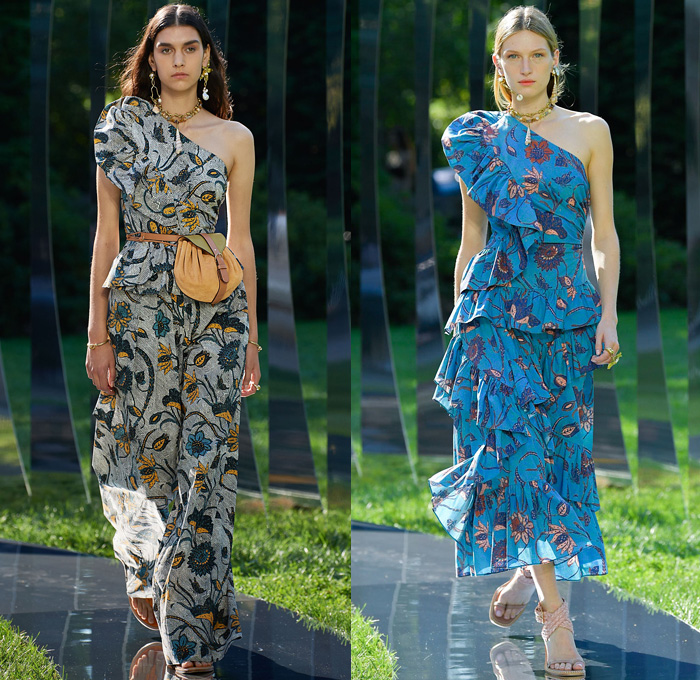 Ulla Johnson 2022 Spring Summer Womens Runway Looks Collection - New York Fashion Week NYFW - Zebra Denim Jeans Trucker Jacket Crop Top Midriff Anorak Windbreaker Plaid Check Flowers Floral Miniskirt Accordion Pleats Quilted Vest Blouse Embroidery Tiered Ruffles Draped Swimsuit Halterneck Peplum One Shoulder Puff Sleeves Poufy Shoulders Wide Leg Palazzo Pants Sheer Mesh Fishnet Noodle Strap Babydoll Prairie Dress Ikat Knit Sweater Seashells Belt Bag Pouch Lanyard Peanut Sandals Basket 