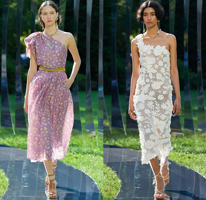 Ulla Johnson 2022 Spring Summer Womens Runway Looks Collection - New York Fashion Week NYFW - Zebra Denim Jeans Trucker Jacket Crop Top Midriff Anorak Windbreaker Plaid Check Flowers Floral Miniskirt Accordion Pleats Quilted Vest Blouse Embroidery Tiered Ruffles Draped Swimsuit Halterneck Peplum One Shoulder Puff Sleeves Poufy Shoulders Wide Leg Palazzo Pants Sheer Mesh Fishnet Noodle Strap Babydoll Prairie Dress Ikat Knit Sweater Seashells Belt Bag Pouch Lanyard Peanut Sandals Basket 