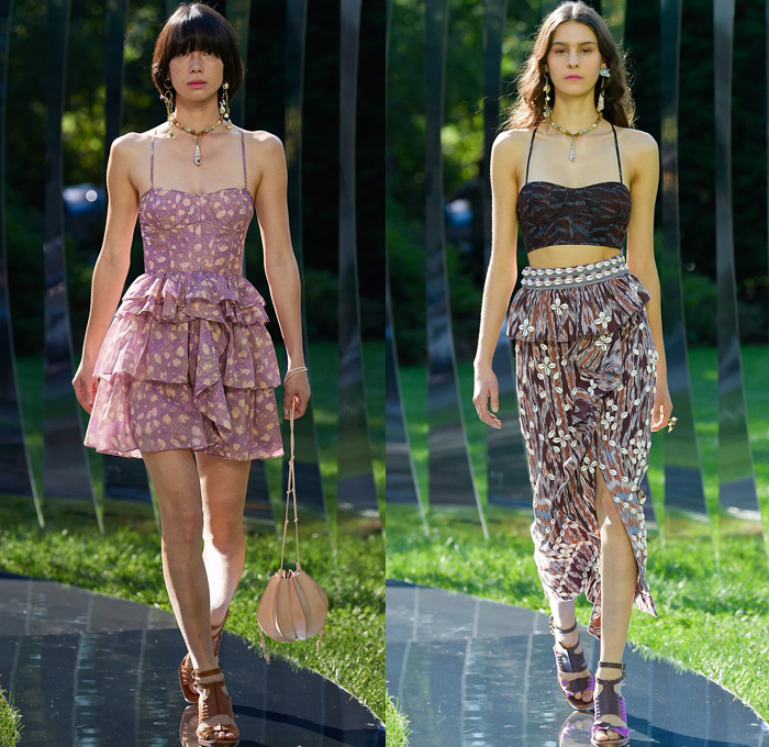 Ulla Johnson 2022 Spring Summer Womens Runway Looks Collection - New York Fashion Week NYFW - Zebra Denim Jeans Trucker Jacket Crop Top Midriff Anorak Windbreaker Plaid Check Flowers Floral Miniskirt Accordion Pleats Quilted Vest Blouse Embroidery Tiered Ruffles Draped Swimsuit Halterneck Peplum One Shoulder Puff Sleeves Poufy Shoulders Wide Leg Palazzo Pants Sheer Mesh Fishnet Noodle Strap Babydoll Prairie Dress Ikat Knit Sweater Seashells Belt Bag Pouch Lanyard Peanut Sandals Basket 